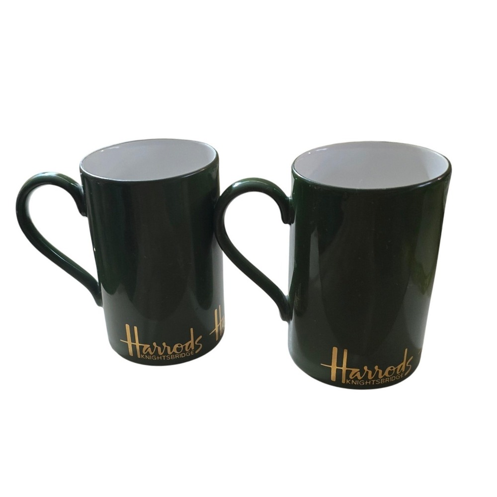 Harrods Knightsbridge Forest Green Stoneware Coffee Mugs Set of 2 Scotland